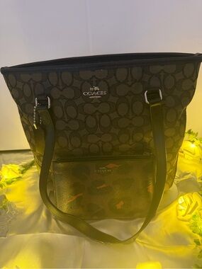 Coach Black Signature Canvas Tote with Leather Trim & wristlet